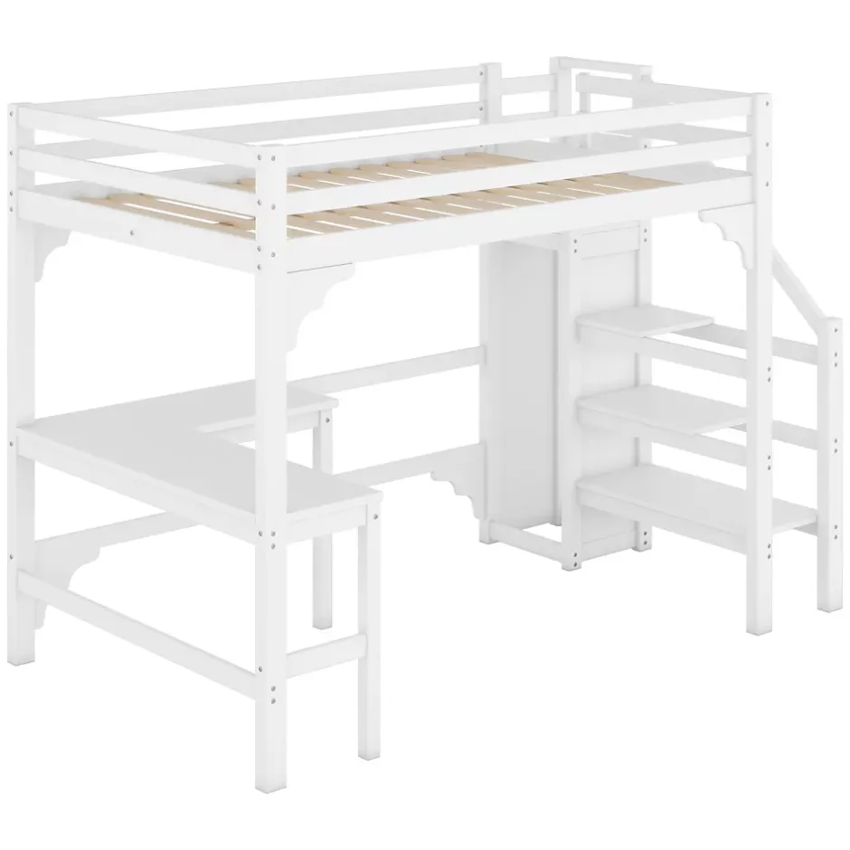 Redom Lit superposé 140x200 cm avec bureau en L et escalier à rangement, structure pin et MDF, minimaliste blanc Best
