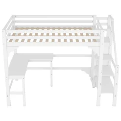 Redom Lit superposé 140x200 cm avec bureau en L et escalier à rangement, structure pin et MDF, minimaliste blanc Best