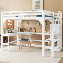 Redom Lit superposé 140x200 cm avec bureau en L et escalier à rangement, structure pin et MDF, minimaliste blanc Best