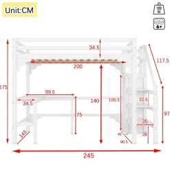 Redom Lit superposé 140x200 cm avec bureau en L et escalier à rangement, structure pin et MDF, minimaliste blanc Best