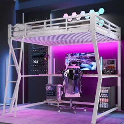 Redom Lit superposé 140x200 cm avec bureau intégré, étagère ordinateur et bande LED, structure métal et MDF, blanc Best