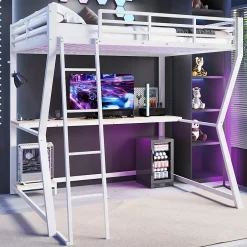 Redom Lit superposé 140x200 cm avec bureau intégré, étagère ordinateur et bande LED, structure métal et MDF, blanc Best