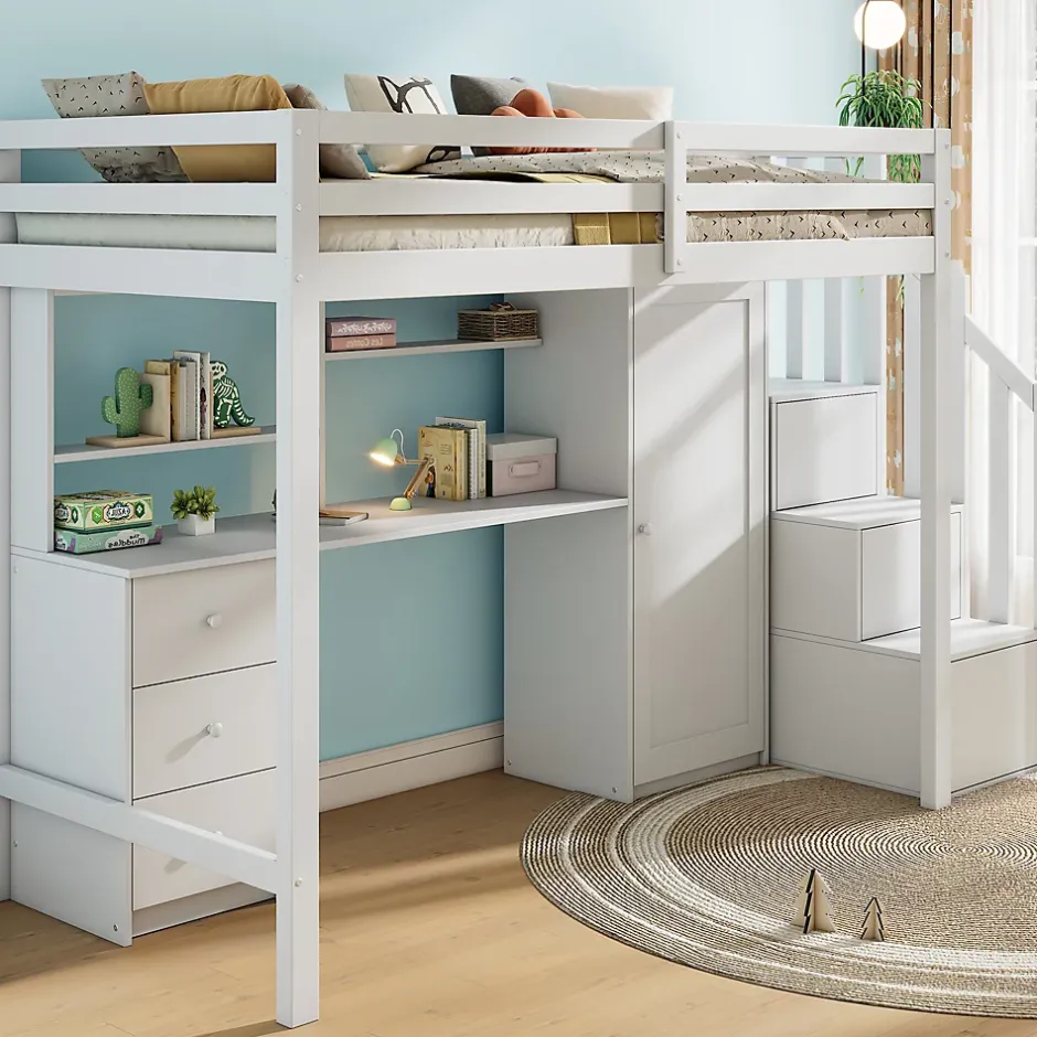Redom Lit superposé 90x200 cm avec bureau intégré, armoire et tiroirs en bois massif blanc Clearance