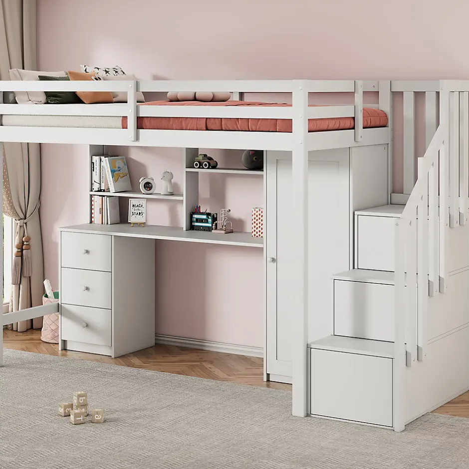 Redom Lit superposé 90x200 cm avec bureau intégré, armoire et tiroirs en bois massif blanc Clearance