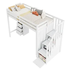 Redom Lit superposé 90x200 cm avec bureau intégré, armoire et tiroirs en bois massif blanc Clearance