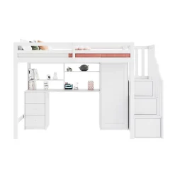 Redom Lit superposé 90x200 cm avec bureau intégré, armoire et tiroirs en bois massif blanc Clearance