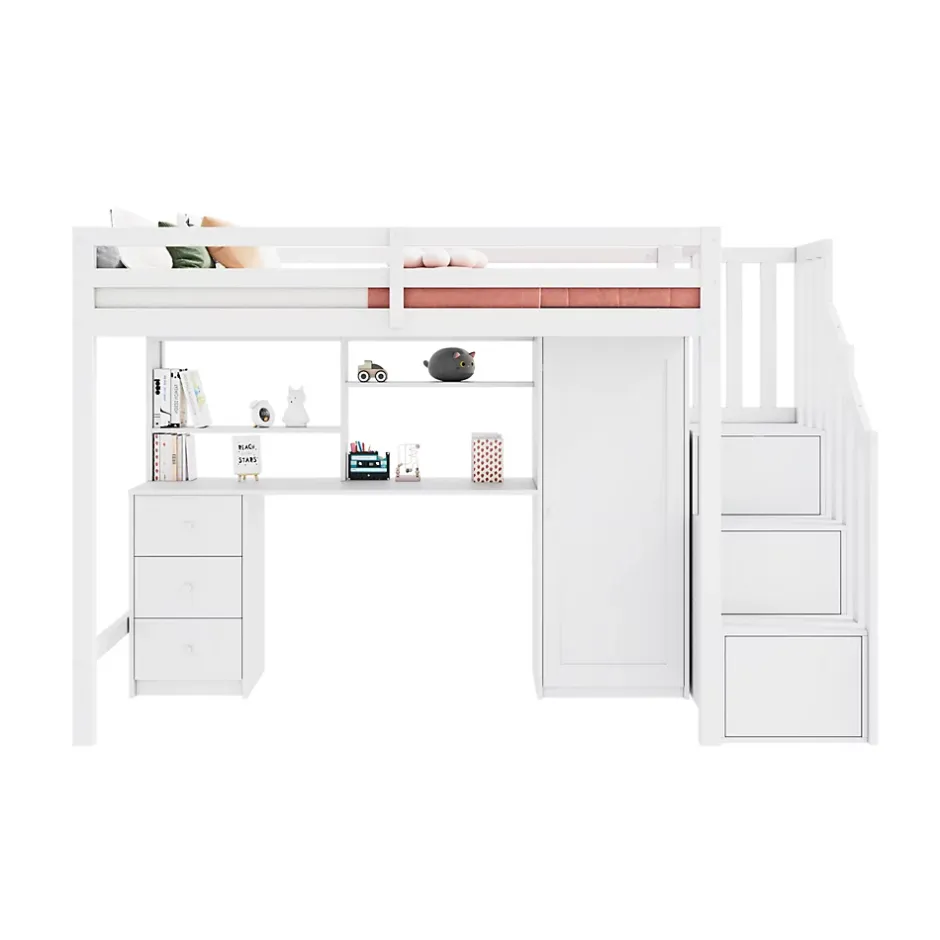 Redom Lit superposé 90x200 cm avec bureau intégré, armoire et tiroirs en bois massif blanc Clearance