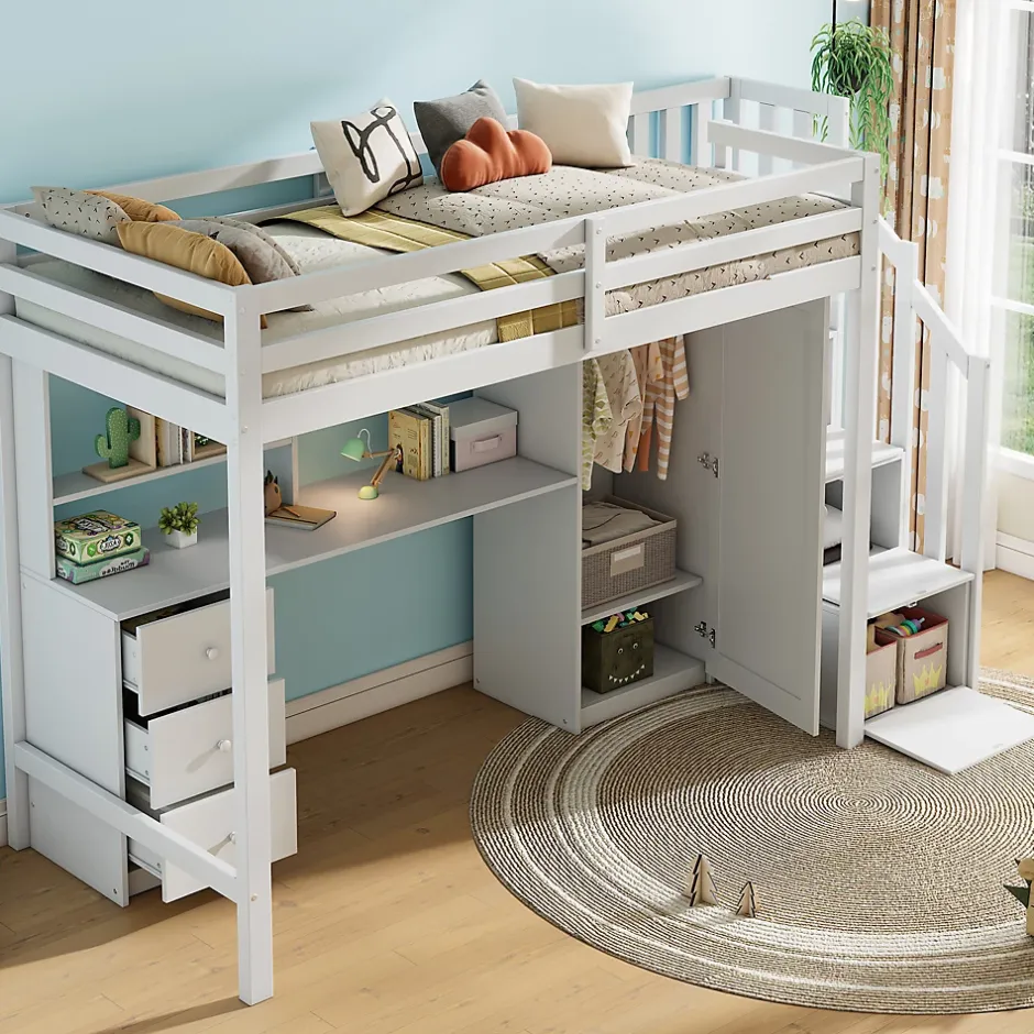 Redom Lit superposé 90x200 cm avec bureau intégré, armoire et tiroirs en bois massif blanc Clearance
