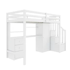 Redom Lit superposé 90x200 cm avec bureau intégré, armoire et tiroirs en bois massif blanc Clearance
