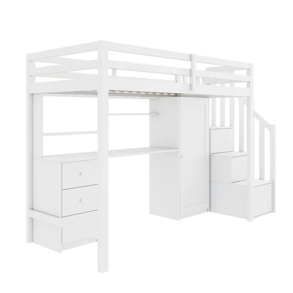 Redom Lit superposé 90x200 cm avec bureau intégré, armoire et tiroirs en bois massif blanc Clearance