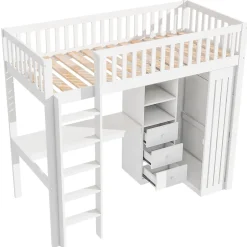 Redom Lit superposé 90x200 cm avec bureau intégré et armoire, structure en pin et MDF, finition blanche Sale