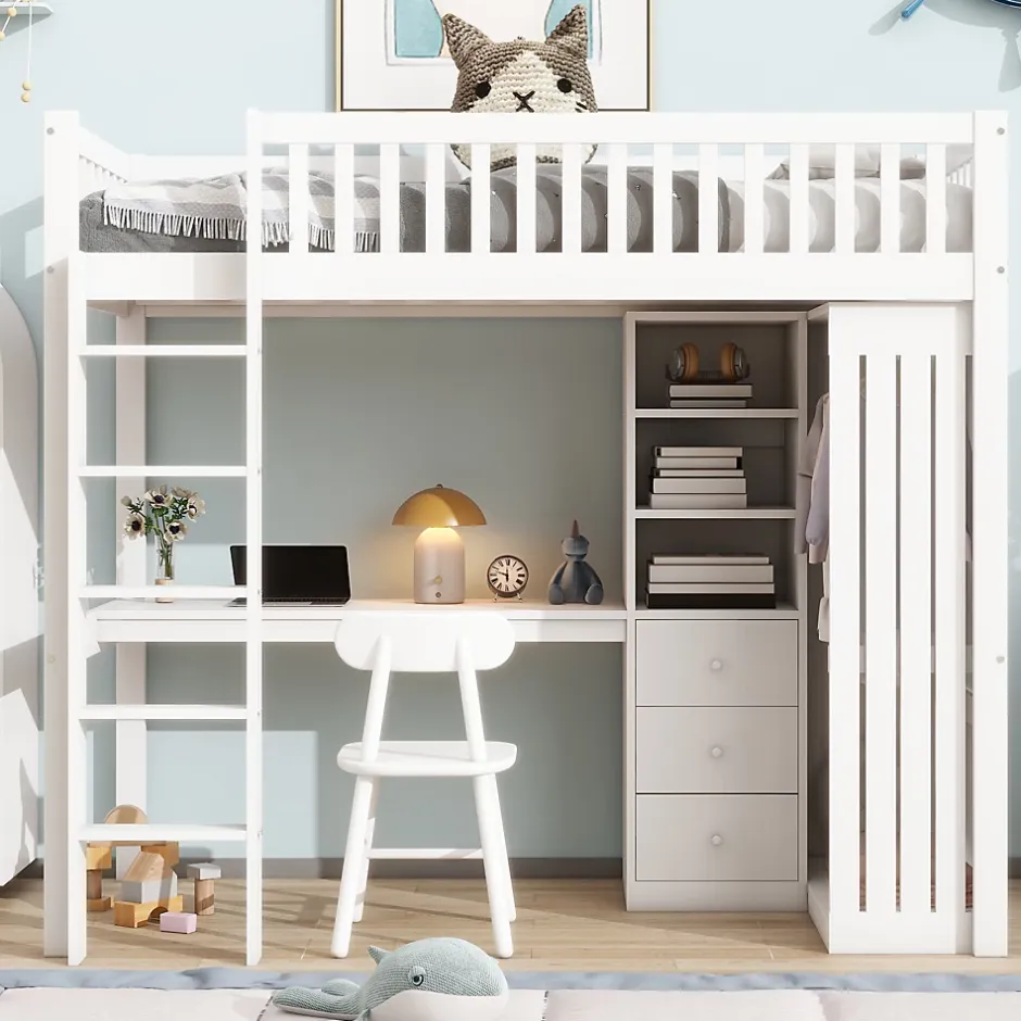 Redom Lit superposé 90x200 cm avec bureau intégré et armoire, structure en pin et MDF, finition blanche Sale