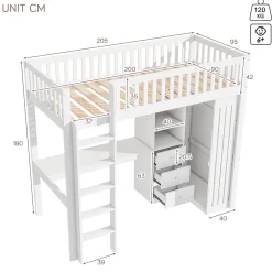 Redom Lit superposé 90x200 cm avec bureau intégré et armoire, structure en pin et MDF, finition blanche Sale