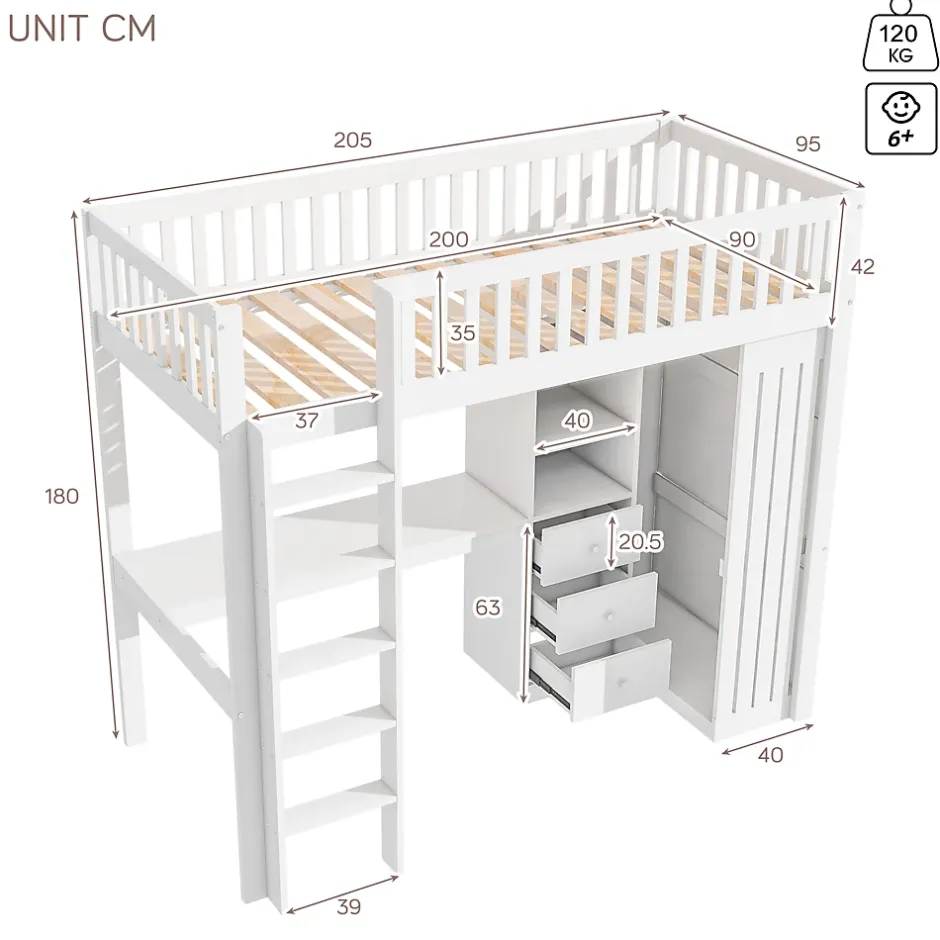 Redom Lit superposé 90x200 cm avec bureau intégré et armoire, structure en pin et MDF, finition blanche Sale