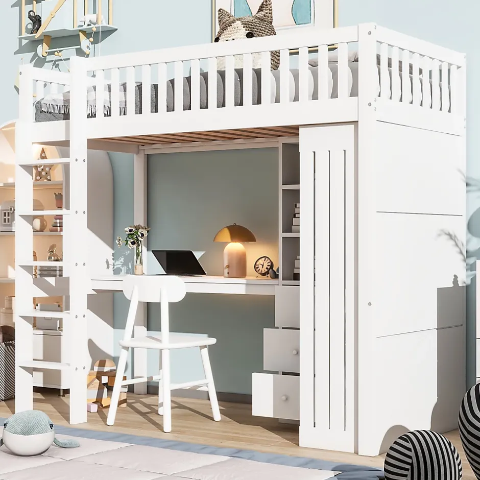 Redom Lit superposé 90x200 cm avec bureau intégré et armoire, structure en pin et MDF, finition blanche Sale