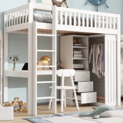 Redom Lit superposé 90x200 cm avec bureau intégré et armoire, structure en pin et MDF, finition blanche Sale