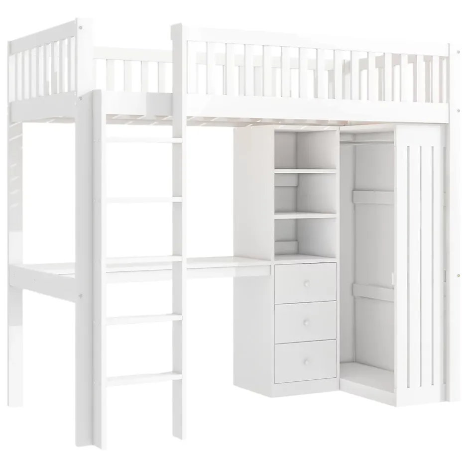 Redom Lit superposé 90x200 cm avec bureau intégré et armoire, structure en pin et MDF, finition blanche Sale