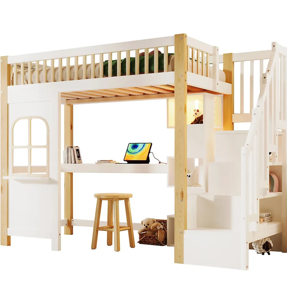 Redom Lit superposé 90x200 cm avec bureau intégré, éclairage LED et échelle à rangements, blanc et bois naturel Clearance