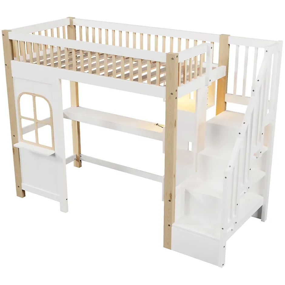 Redom Lit superposé 90x200 cm avec bureau intégré, éclairage LED et échelle à rangements, blanc et bois naturel Clearance