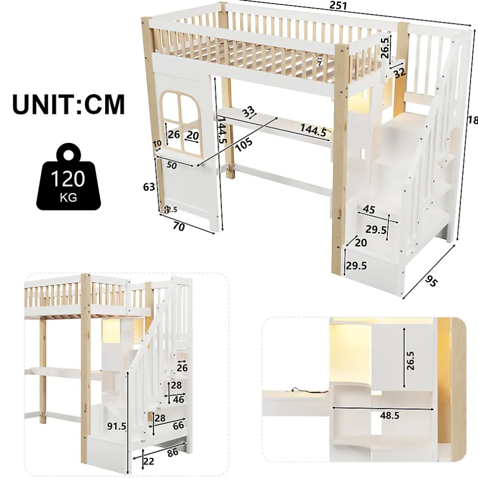 Redom Lit superposé 90x200 cm avec bureau intégré, éclairage LED et échelle à rangements, blanc et bois naturel Clearance