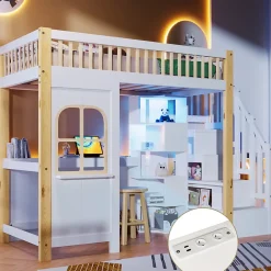 Redom Lit superposé 90x200 cm avec bureau intégré, éclairage LED et échelle à rangements, blanc et bois naturel Clearance