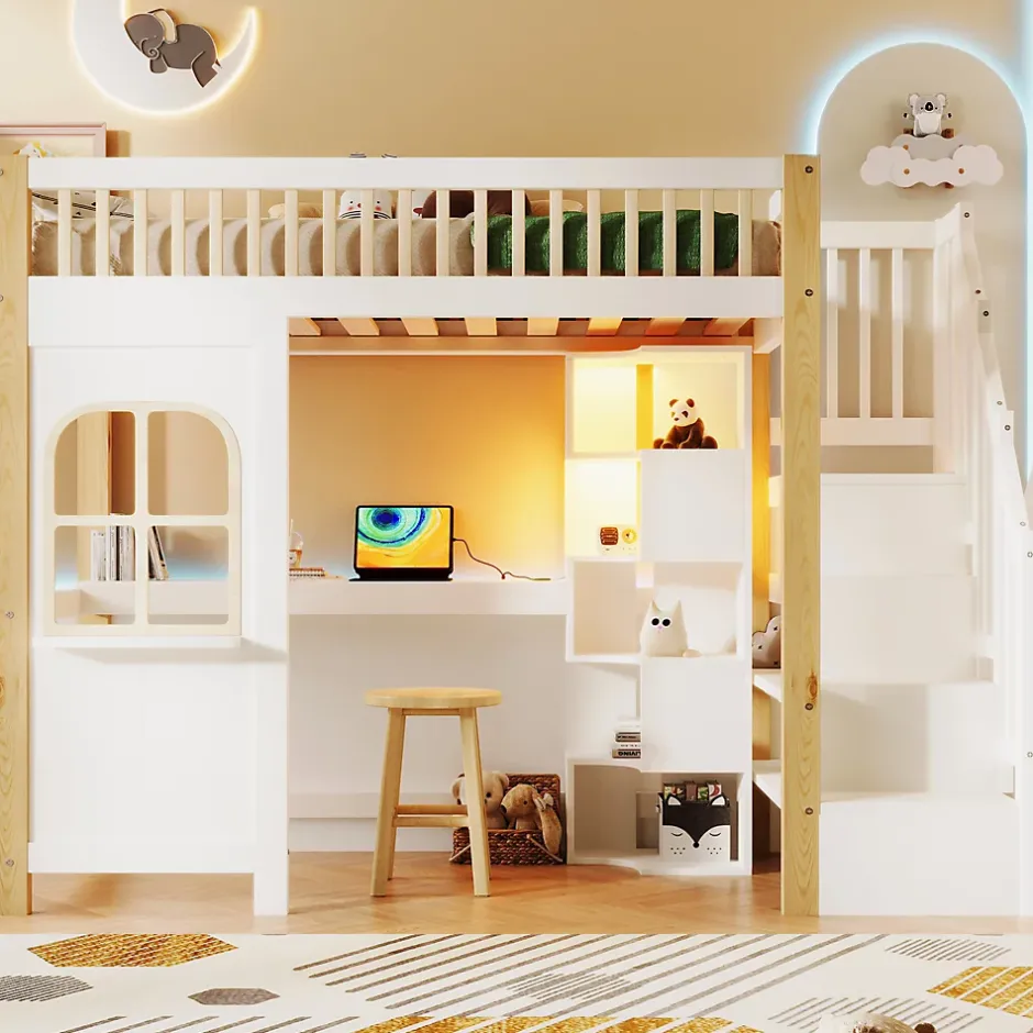 Redom Lit superposé 90x200 cm avec bureau intégré, éclairage LED et échelle à rangements, blanc et bois naturel Clearance