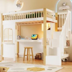 Redom Lit superposé 90x200 cm avec bureau intégré, éclairage LED et échelle à rangements, blanc et bois naturel Clearance