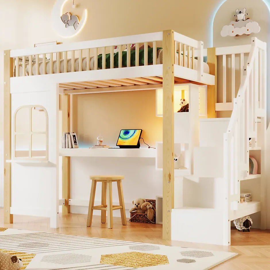 Redom Lit superposé 90x200 cm avec bureau intégré, éclairage LED et échelle à rangements, blanc et bois naturel Clearance