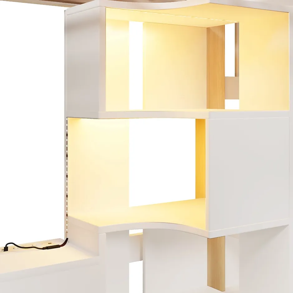 Redom Lit superposé 90x200 cm avec bureau intégré, éclairage LED et échelle à rangements, blanc et bois naturel Clearance