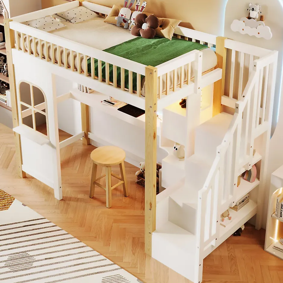 Redom Lit superposé 90x200 cm avec bureau intégré, éclairage LED et échelle à rangements, blanc et bois naturel Clearance
