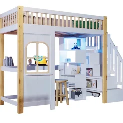 Redom Lit superposé 90x200 cm avec bureau intégré, éclairage LED et échelle à rangements, blanc et bois naturel Clearance