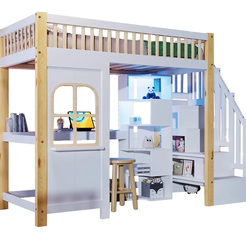 Redom Lit superposé 90x200 cm avec bureau intégré, éclairage LED et échelle à rangements, blanc et bois naturel Clearance