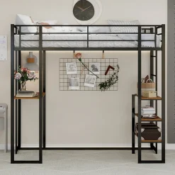 Enfant Redom Lit superposé 90x190 cm avec bureau intégré et échelle bilatérale, structure métal noire gain de place