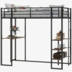 Enfant Redom Lit superposé 90x190 cm avec bureau intégré et échelle bilatérale, structure métal noire gain de place
