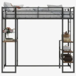 Enfant Redom Lit superposé 90x190 cm avec bureau intégré et échelle bilatérale, structure métal noire gain de place