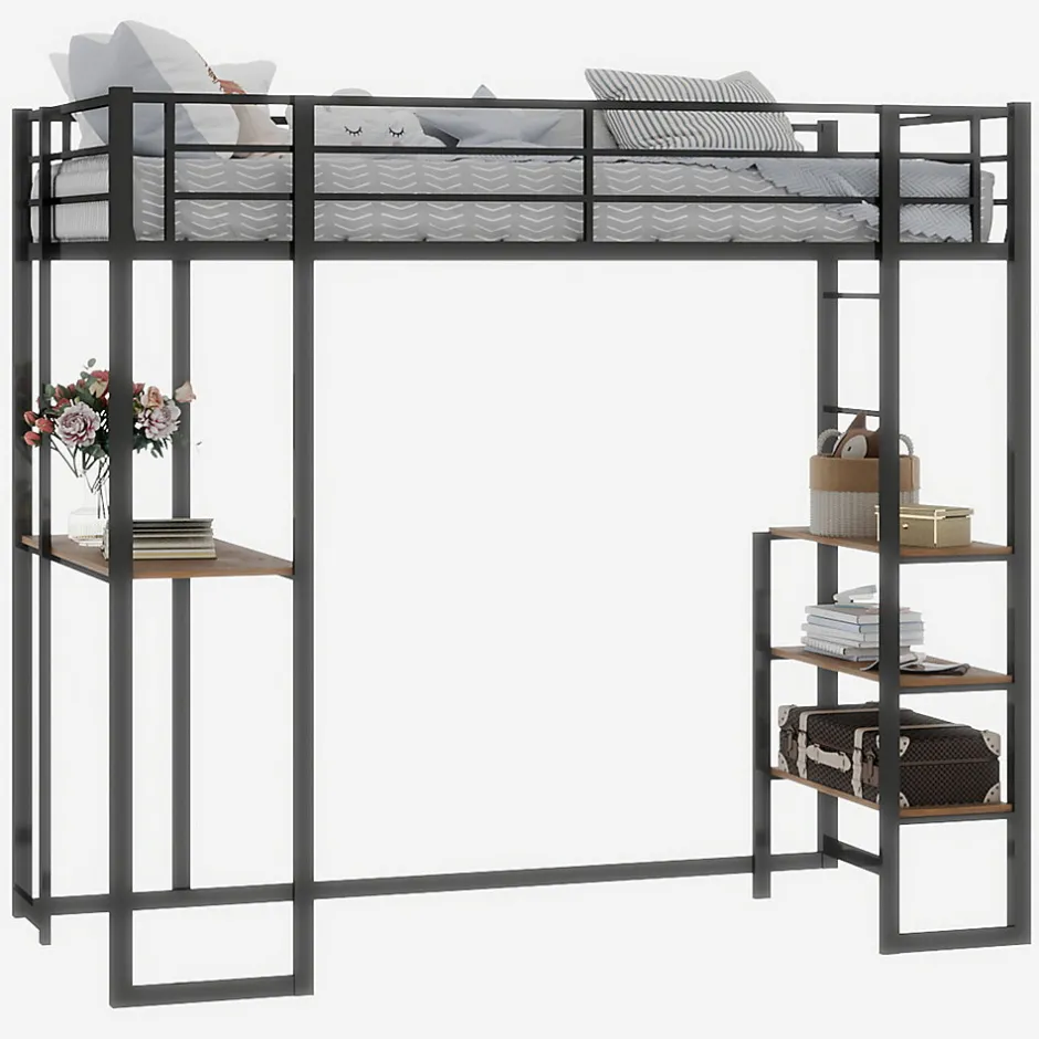 Enfant Redom Lit superposé 90x190 cm avec bureau intégré et échelle bilatérale, structure métal noire gain de place