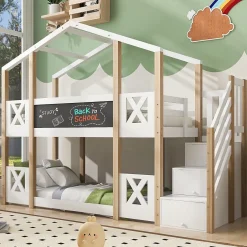 Enfant Redom Lit superposé 90x200 cm avec échelle-rangement et tableau 110x26 cm, structure pin massif et panneaux en blanc/naturel