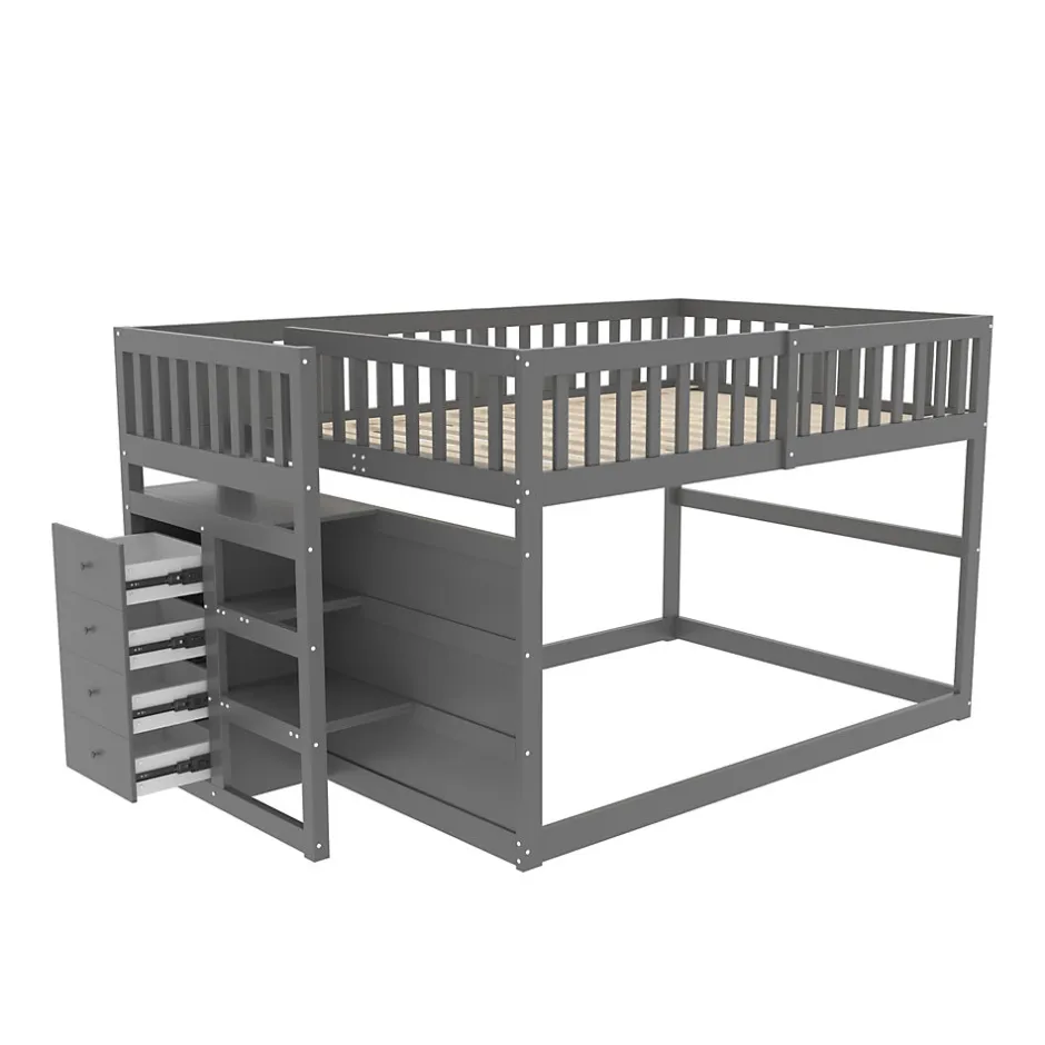 Enfant Redom Lit superposé 140x200 cm avec échelle sécurisée et 4 tiroirs de rangement, structure bois gris