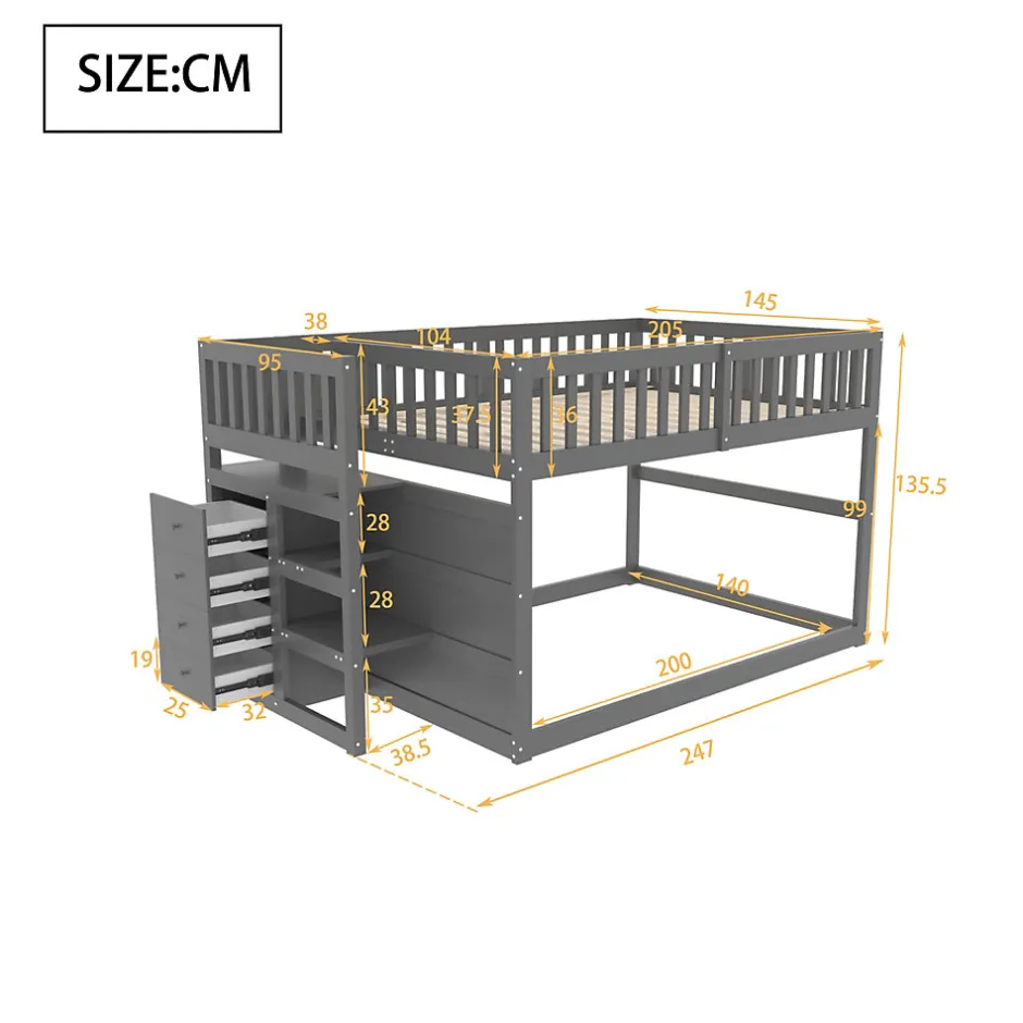 Enfant Redom Lit superposé 140x200 cm avec échelle sécurisée et 4 tiroirs de rangement, structure bois gris