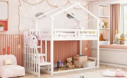 Redom Lit superposé 90x200 cm avec échelle de sécurité et grand rangement, structure en bois massif blanc Hot