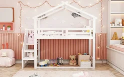 Redom Lit superposé 90x200 cm avec échelle de sécurité et grand rangement, structure en bois massif blanc Hot