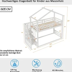 Redom Lit superposé 90x200 cm avec échelle de sécurité et grand rangement, structure en bois massif blanc Hot