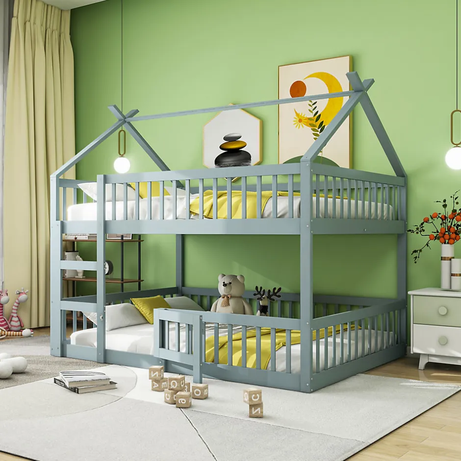 Enfant Redom Lit superposé 140x200 cm avec échelle intégrée et structure en bois massif, design loft gris