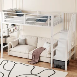 Enfant Redom Lit superposé 90x200 cm avec échelle intégrée et rangements, structure métal blanc design contemporain gain de place