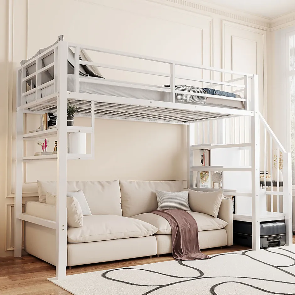 Enfant Redom Lit superposé 90x200 cm avec échelle intégrée et rangements, structure métal blanc design contemporain gain de place