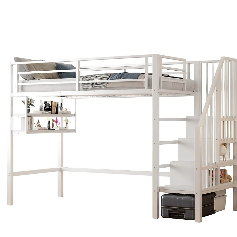 Enfant Redom Lit superposé 90x200 cm avec échelle intégrée et rangements, structure métal blanc design contemporain gain de place