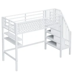 Enfant Redom Lit superposé 90x200 cm avec échelle intégrée et rangements, structure métal blanc design contemporain gain de place