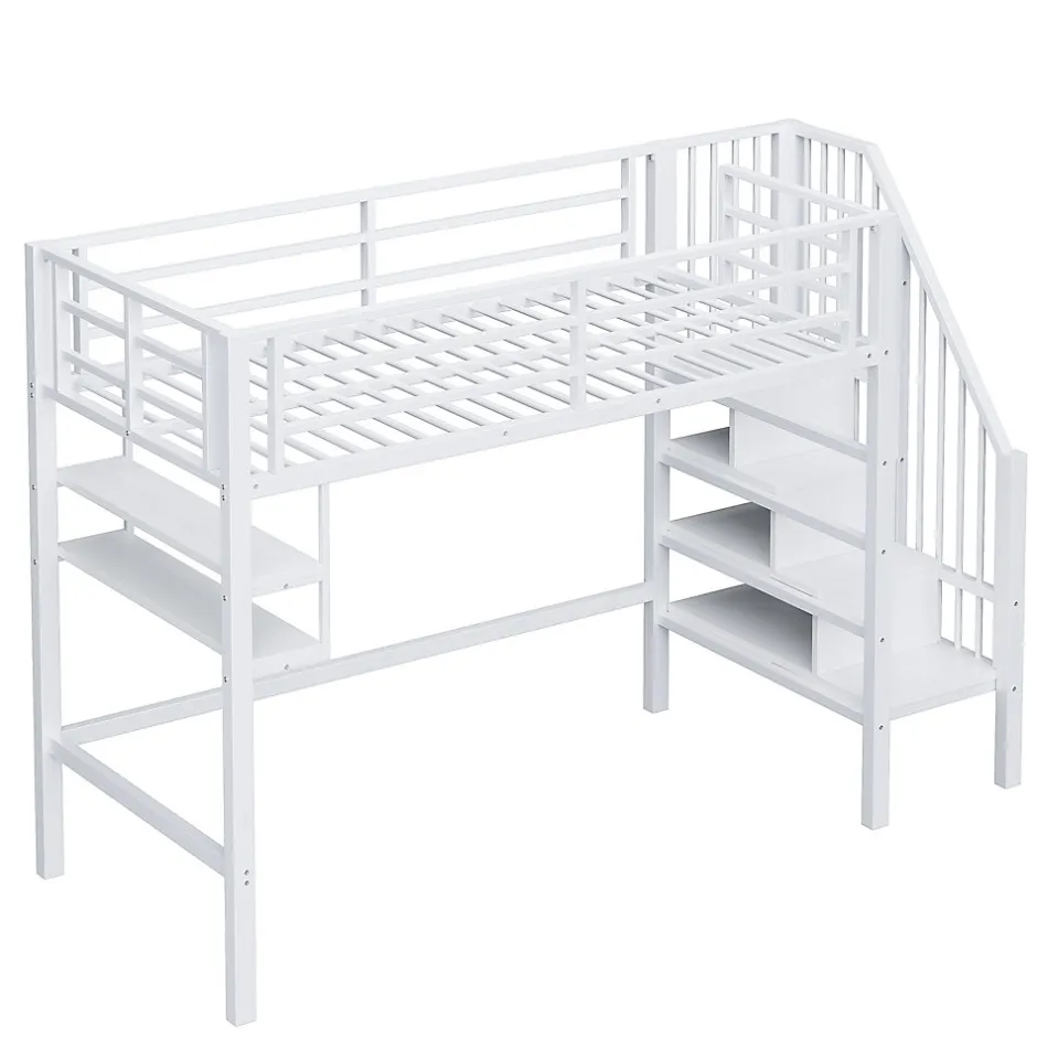 Enfant Redom Lit superposé 90x200 cm avec échelle intégrée et rangements, structure métal blanc design contemporain gain de place