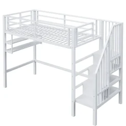 Enfant Redom Lit superposé 90x200 cm avec échelle intégrée et rangements, structure métal blanc design contemporain gain de place