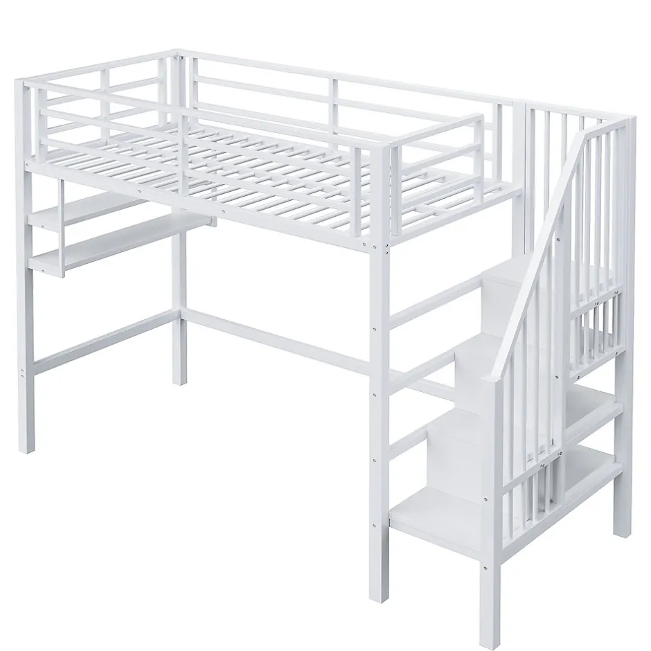 Enfant Redom Lit superposé 90x200 cm avec échelle intégrée et rangements, structure métal blanc design contemporain gain de place